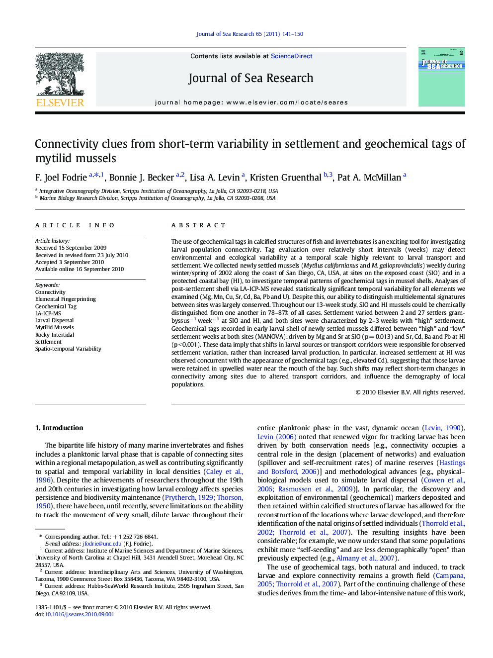 Connectivity clues from short-term variability in settlement and geochemical tags of mytilid mussels