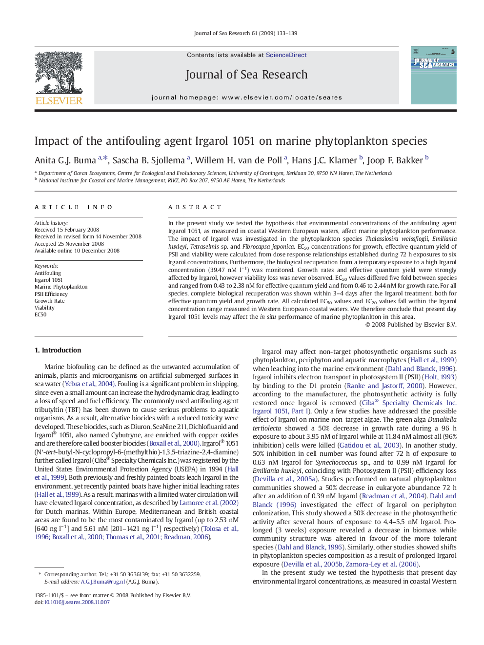 Impact of the antifouling agent Irgarol 1051 on marine phytoplankton species