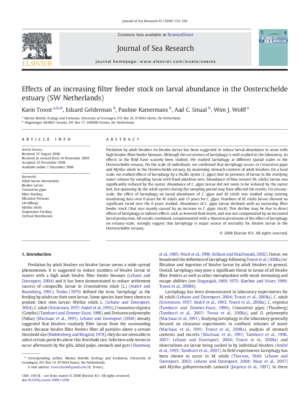 Effects of an increasing filter feeder stock on larval abundance in the Oosterschelde estuary (SW Netherlands)