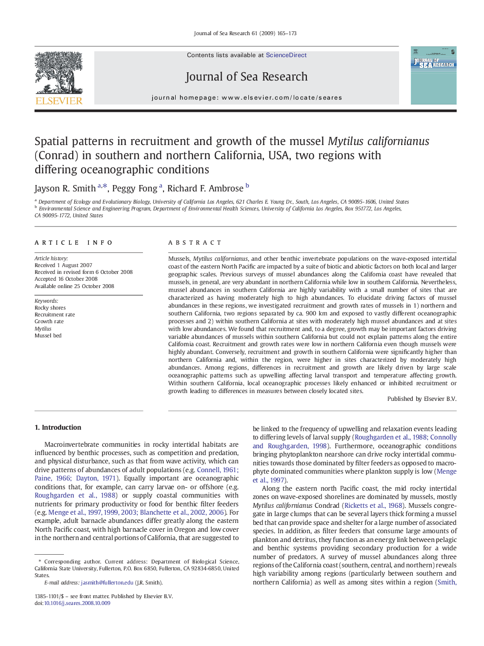 Spatial patterns in recruitment and growth of the mussel Mytilus californianus (Conrad) in southern and northern California, USA, two regions with differing oceanographic conditions