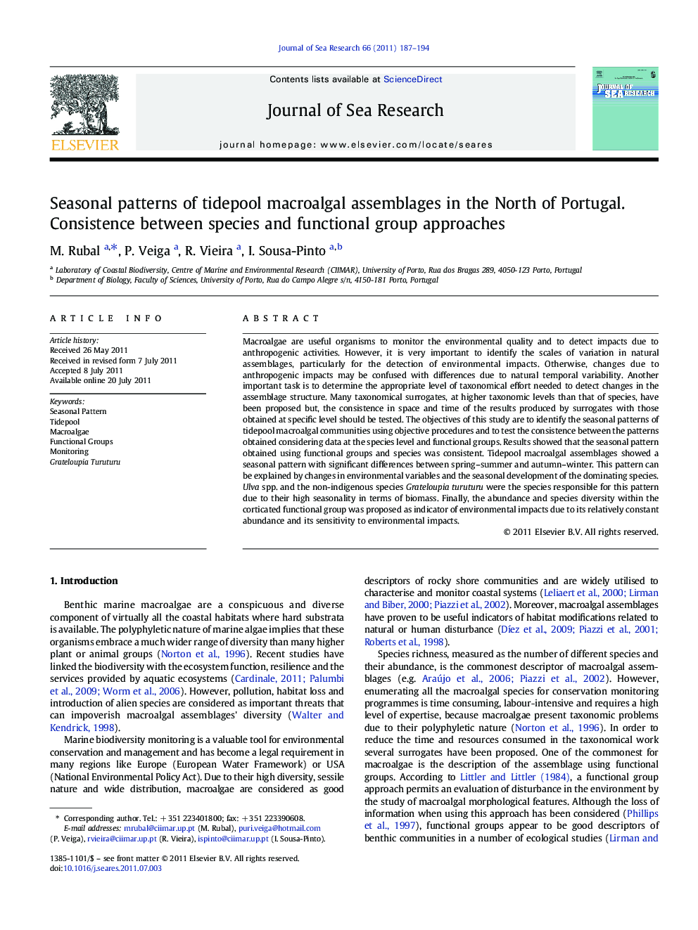 Seasonal patterns of tidepool macroalgal assemblages in the North of Portugal. Consistence between species and functional group approaches