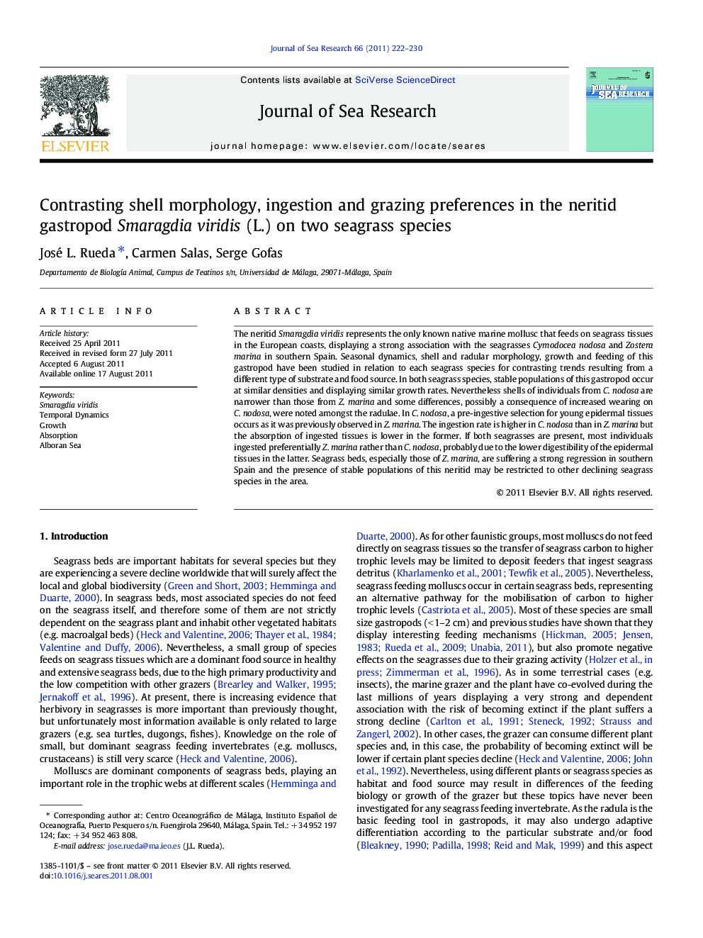 Contrasting shell morphology, ingestion and grazing preferences in the neritid gastropod Smaragdia viridis (L.) on two seagrass species