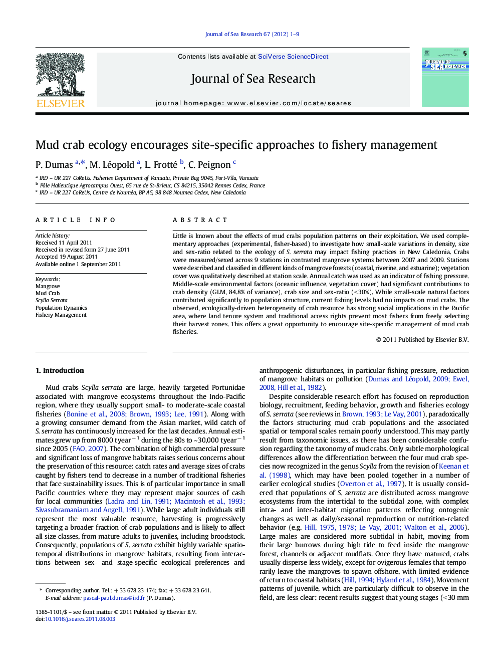 Mud crab ecology encourages site-specific approaches to fishery management