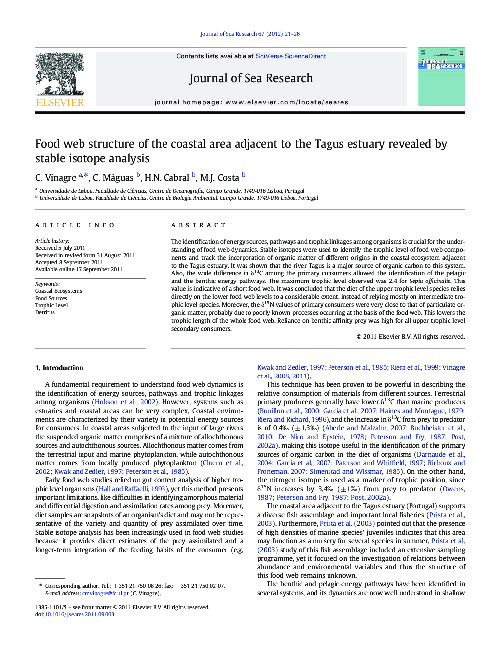 Food web structure of the coastal area adjacent to the Tagus estuary revealed by stable isotope analysis