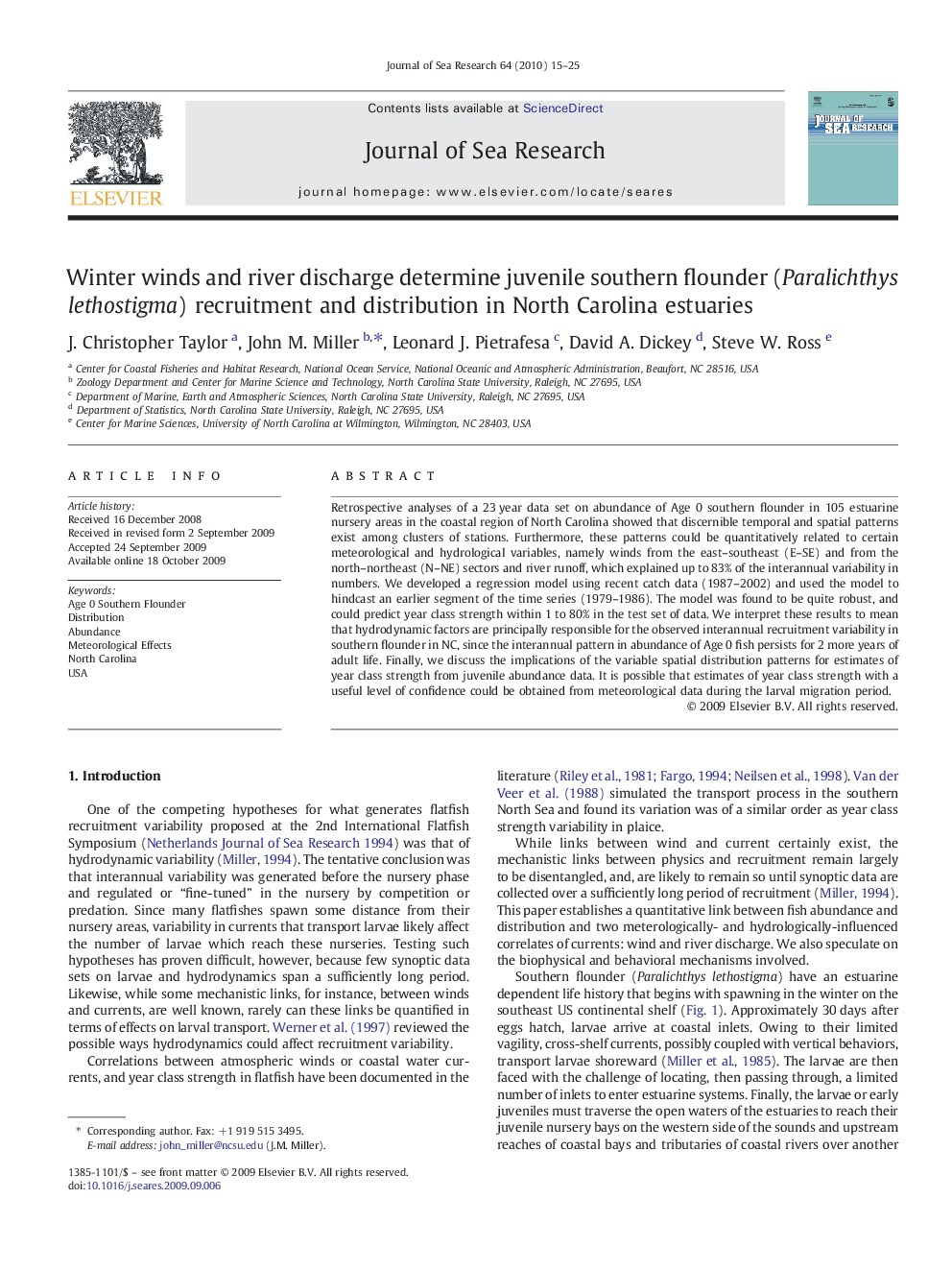 Winter winds and river discharge determine juvenile southern flounder (Paralichthys lethostigma) recruitment and distribution in North Carolina estuaries