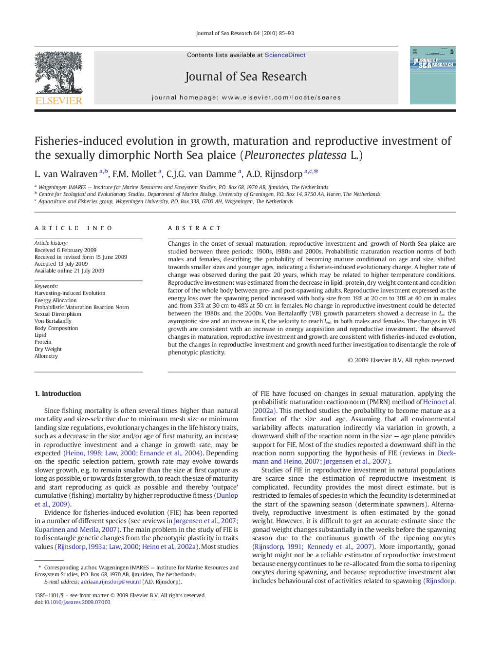 Fisheries-induced evolution in growth, maturation and reproductive investment of the sexually dimorphic North Sea plaice (Pleuronectes platessa L.)