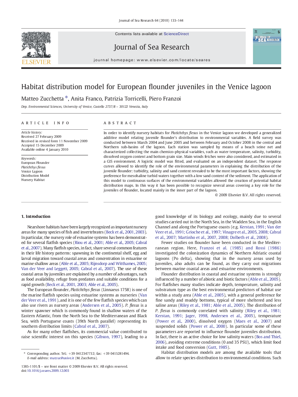 Habitat distribution model for European flounder juveniles in the Venice lagoon