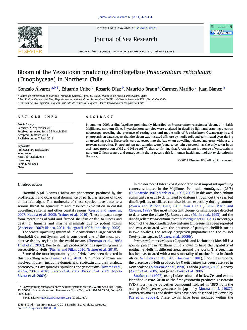 Bloom of the Yessotoxin producing dinoflagellate Protoceratium reticulatum (Dinophyceae) in Northern Chile