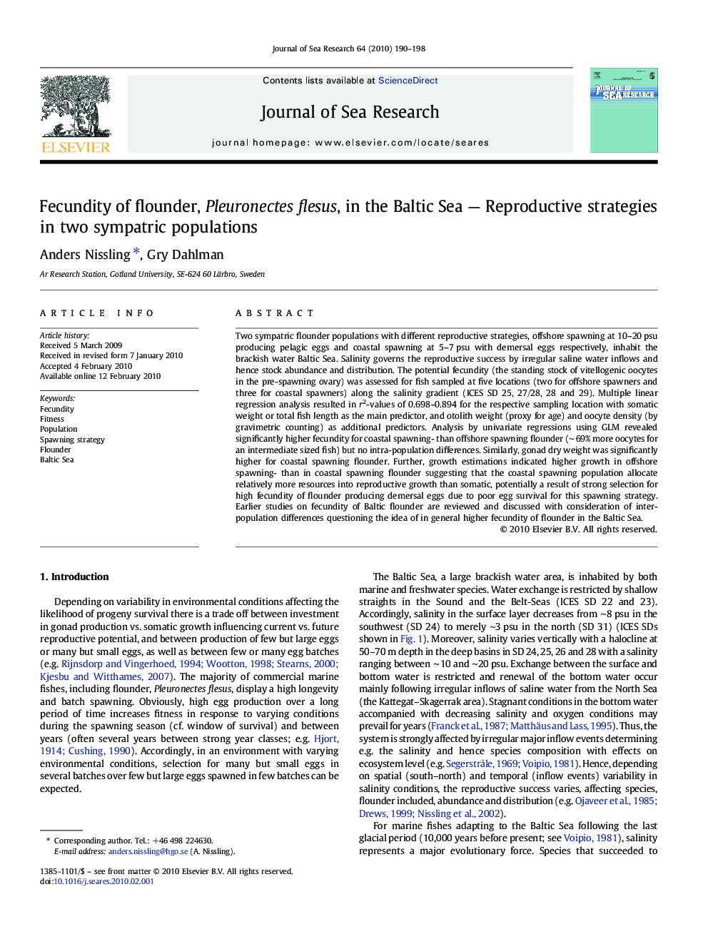 Fecundity of flounder, Pleuronectes flesus, in the Baltic Sea — Reproductive strategies in two sympatric populations