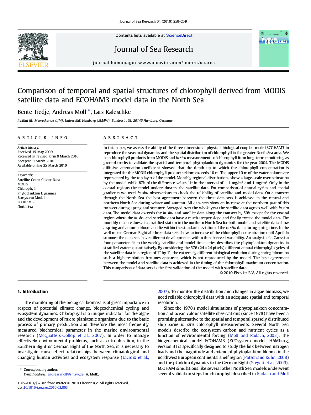 Comparison of temporal and spatial structures of chlorophyll derived from MODIS satellite data and ECOHAM3 model data in the North Sea