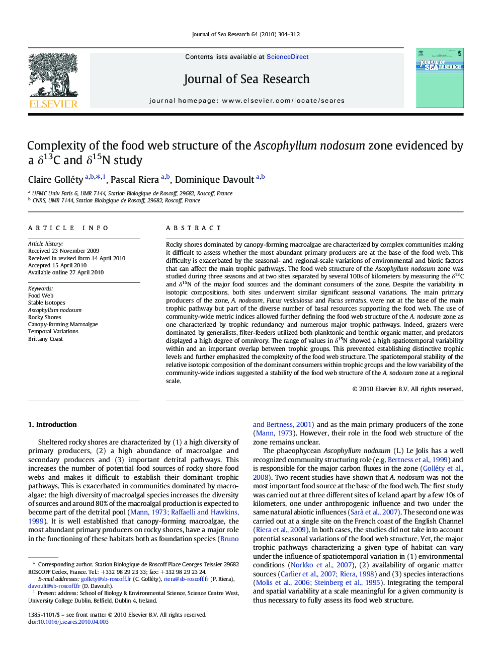 Complexity of the food web structure of the Ascophyllum nodosum zone evidenced by a δ13C and δ15N study