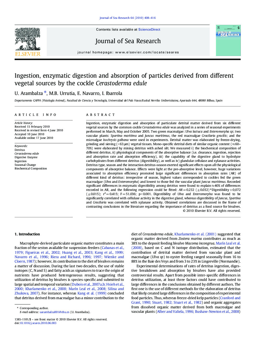Ingestion, enzymatic digestion and absorption of particles derived from different vegetal sources by the cockle Cerastoderma edule