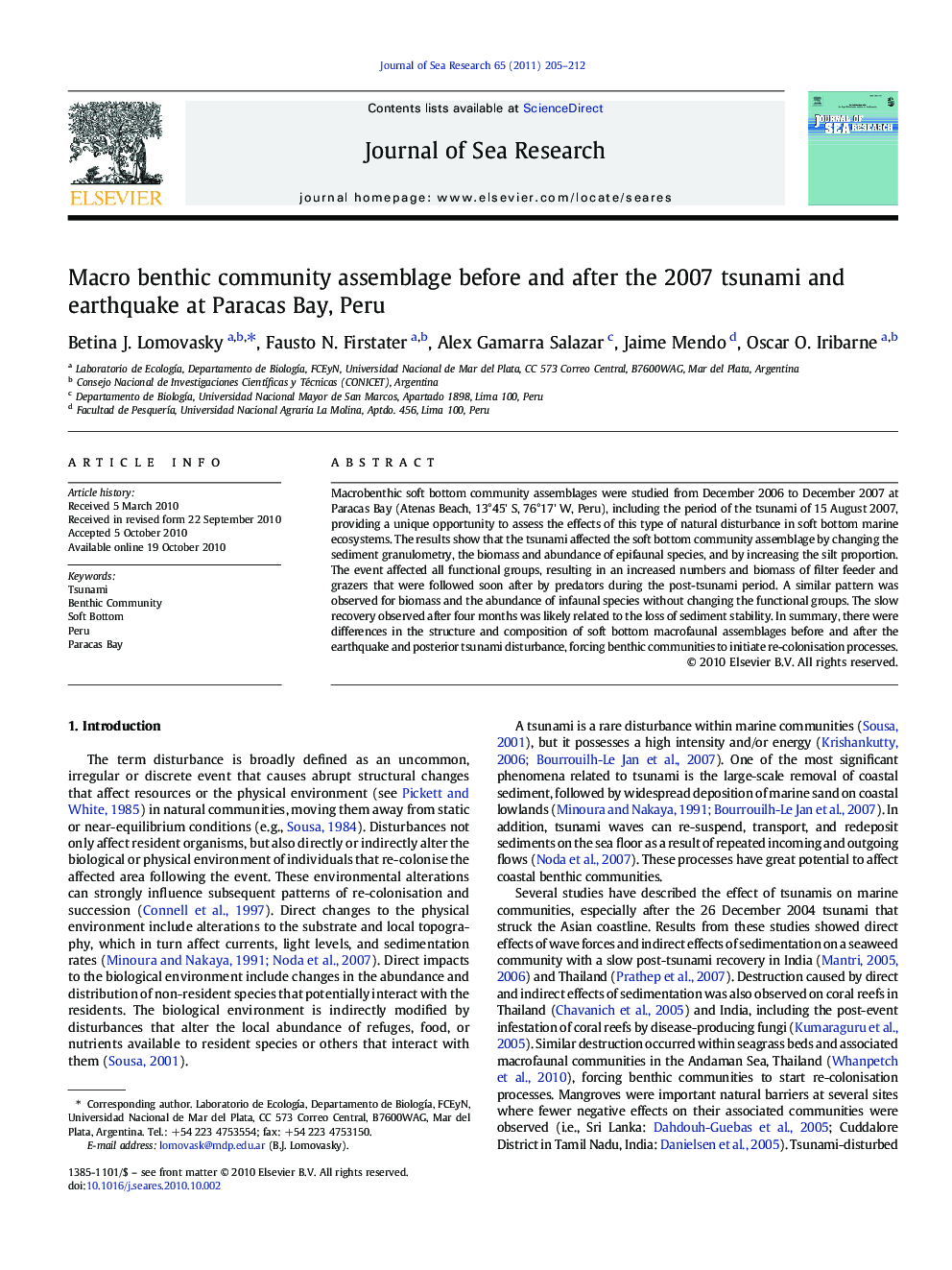 Macro benthic community assemblage before and after the 2007 tsunami and earthquake at Paracas Bay, Peru