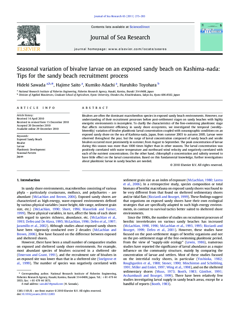 Seasonal variation of bivalve larvae on an exposed sandy beach on Kashima-nada: Tips for the sandy beach recruitment process