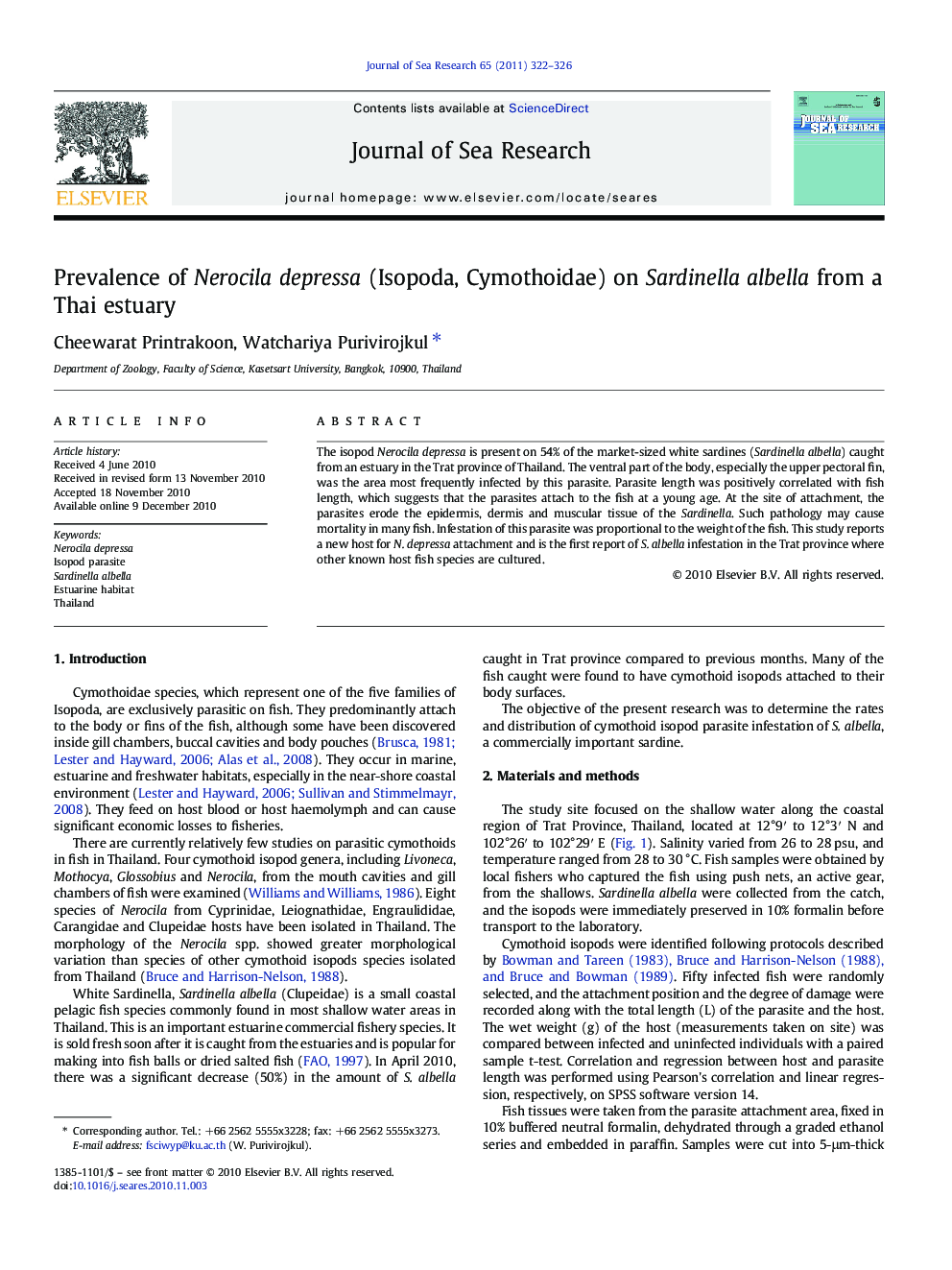 Prevalence of Nerocila depressa (Isopoda, Cymothoidae) on Sardinella albella from a Thai estuary