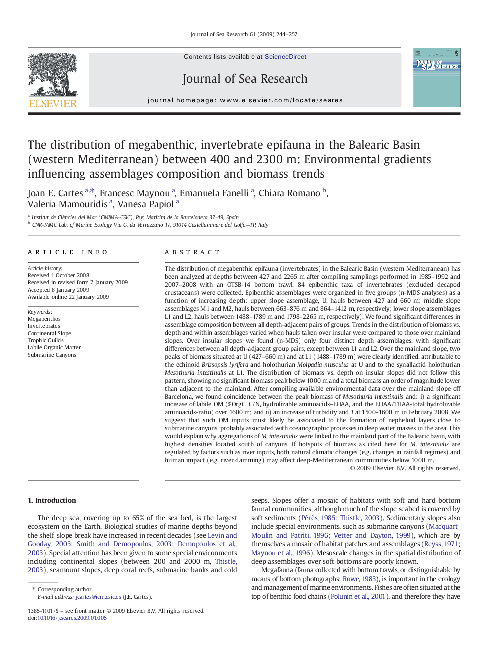 The distribution of megabenthic, invertebrate epifauna in the Balearic Basin (western Mediterranean) between 400 and 2300 m: Environmental gradients influencing assemblages composition and biomass trends