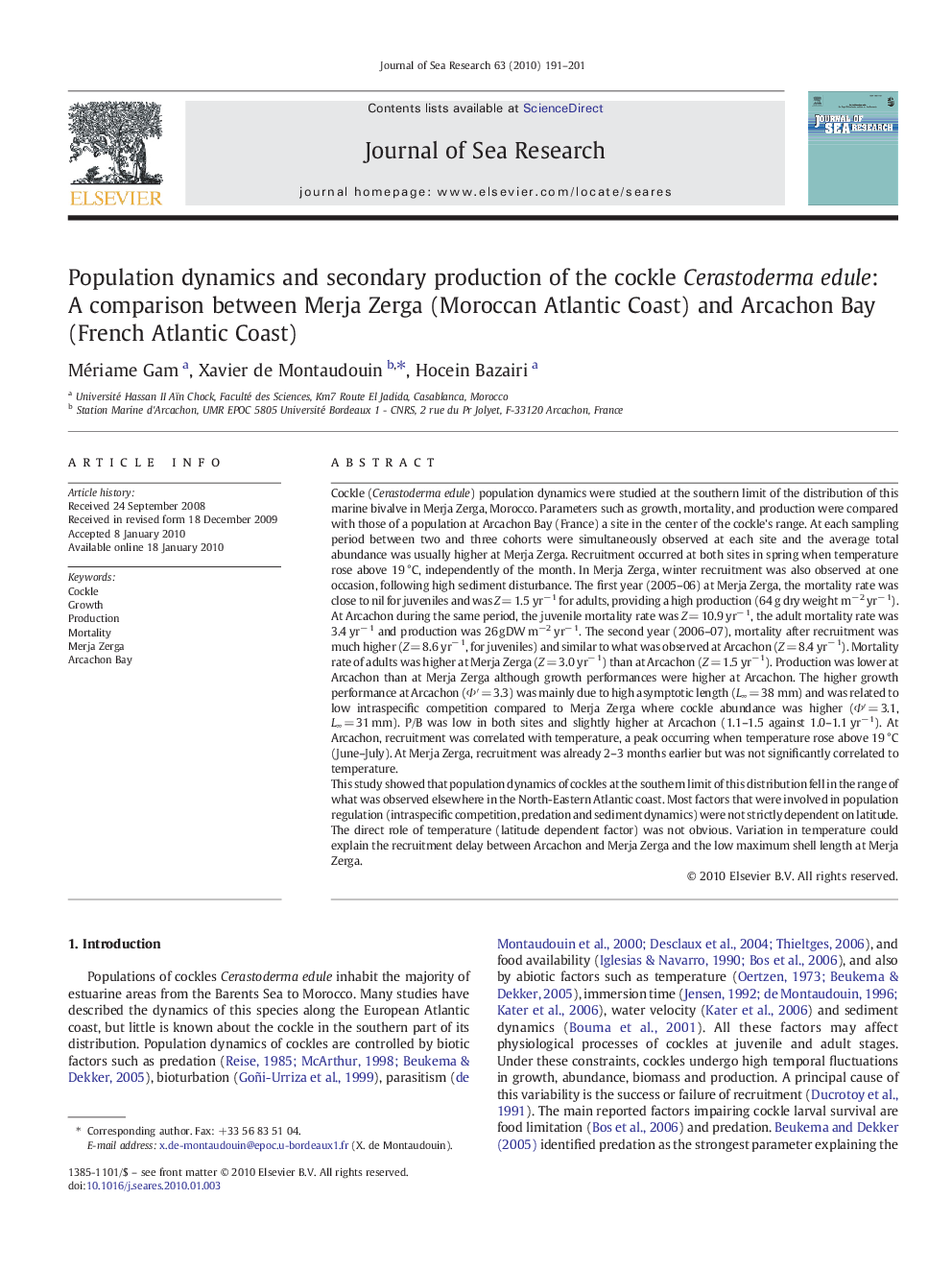 Population dynamics and secondary production of the cockle Cerastoderma edule: A comparison between Merja Zerga (Moroccan Atlantic Coast) and Arcachon Bay (French Atlantic Coast)