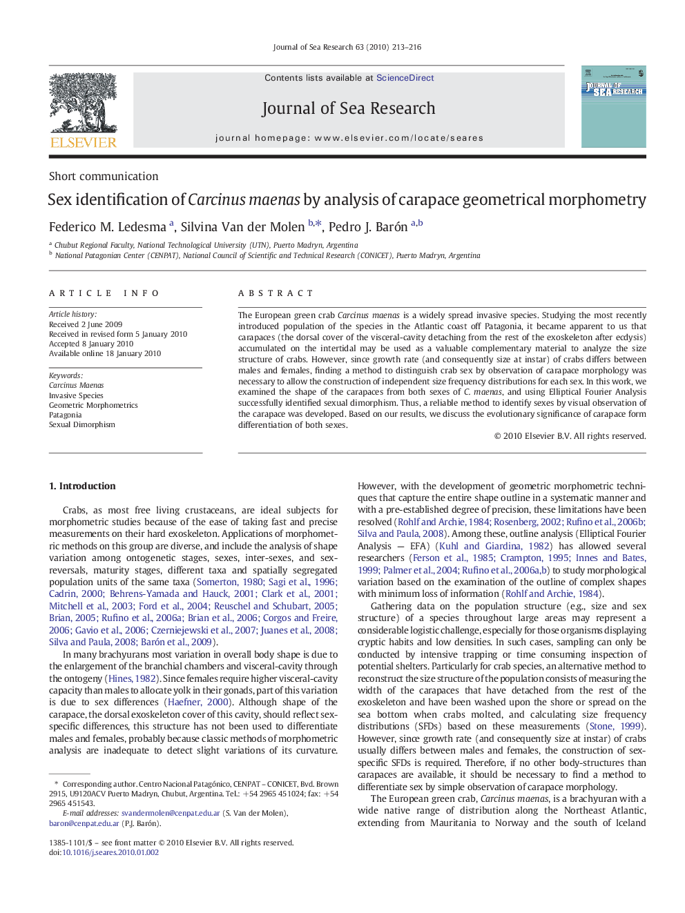 Sex identification of Carcinus maenas by analysis of carapace geometrical morphometry