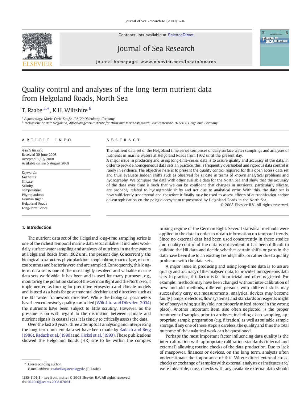 Quality control and analyses of the long-term nutrient data from Helgoland Roads, North Sea