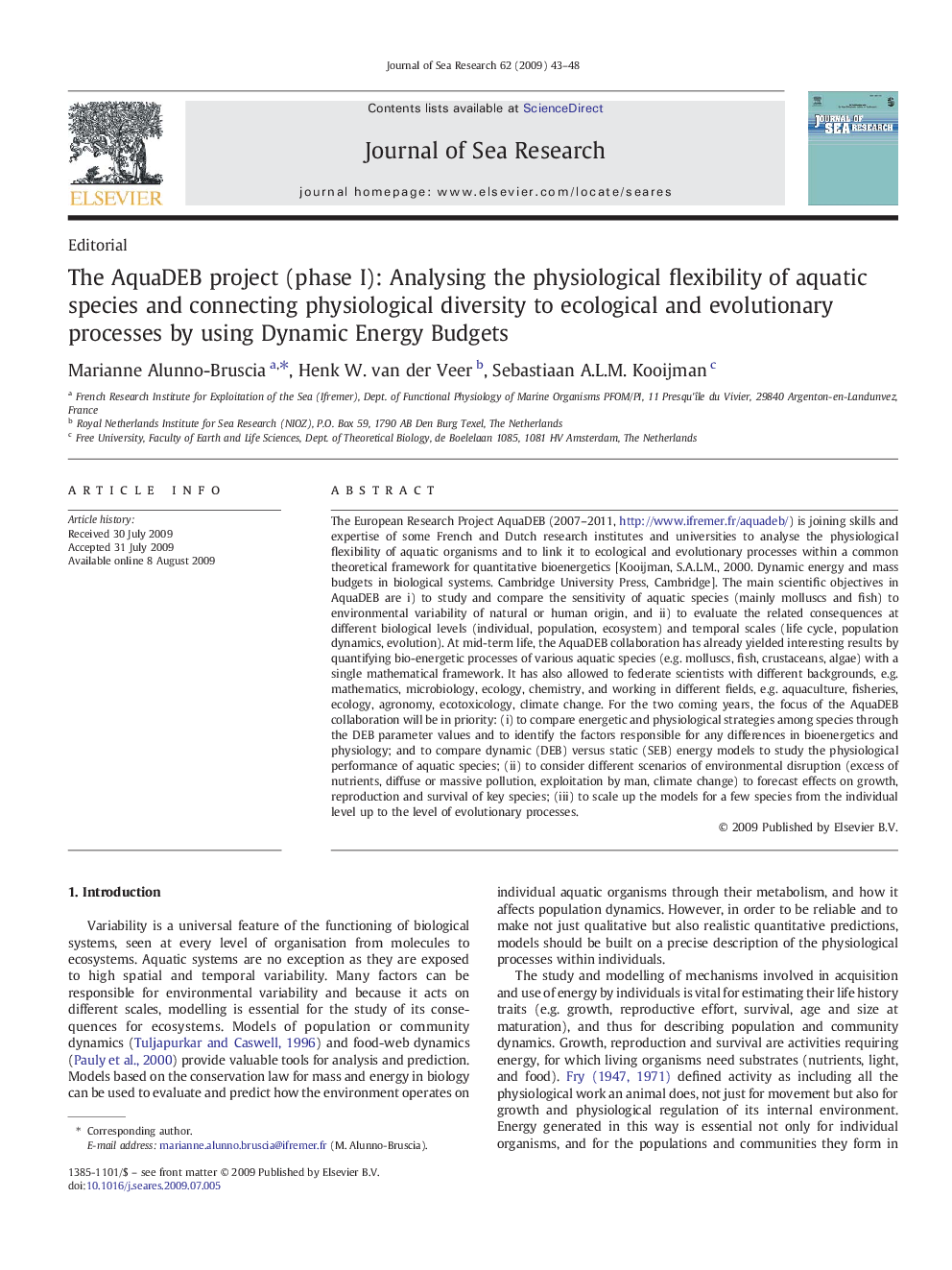 The AquaDEB project (phase I): Analysing the physiological flexibility of aquatic species and connecting physiological diversity to ecological and evolutionary processes by using Dynamic Energy Budgets