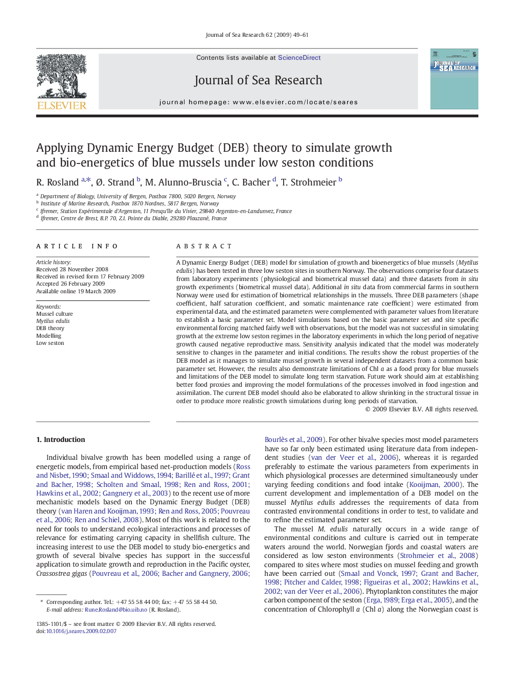 Applying Dynamic Energy Budget (DEB) theory to simulate growth and bio-energetics of blue mussels under low seston conditions