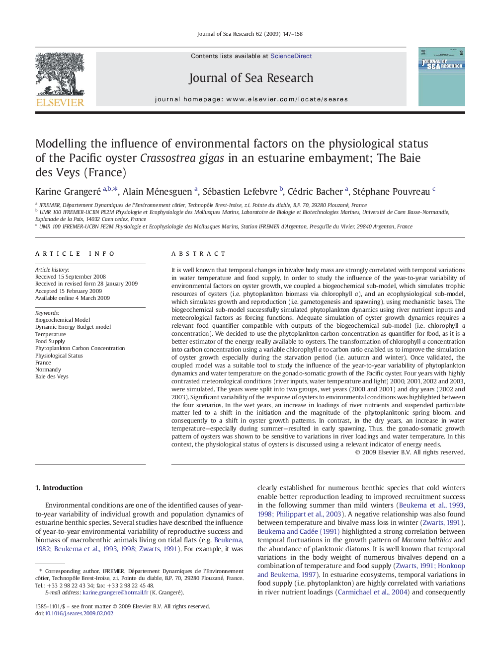 Modelling the influence of environmental factors on the physiological status of the Pacific oyster Crassostrea gigas in an estuarine embayment; The Baie des Veys (France)