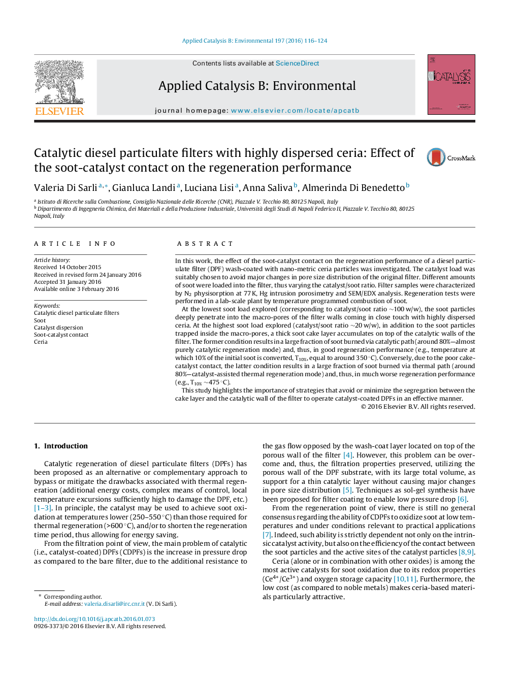 Catalytic diesel particulate filters with highly dispersed ceria: Effect of the soot-catalyst contact on the regeneration performance