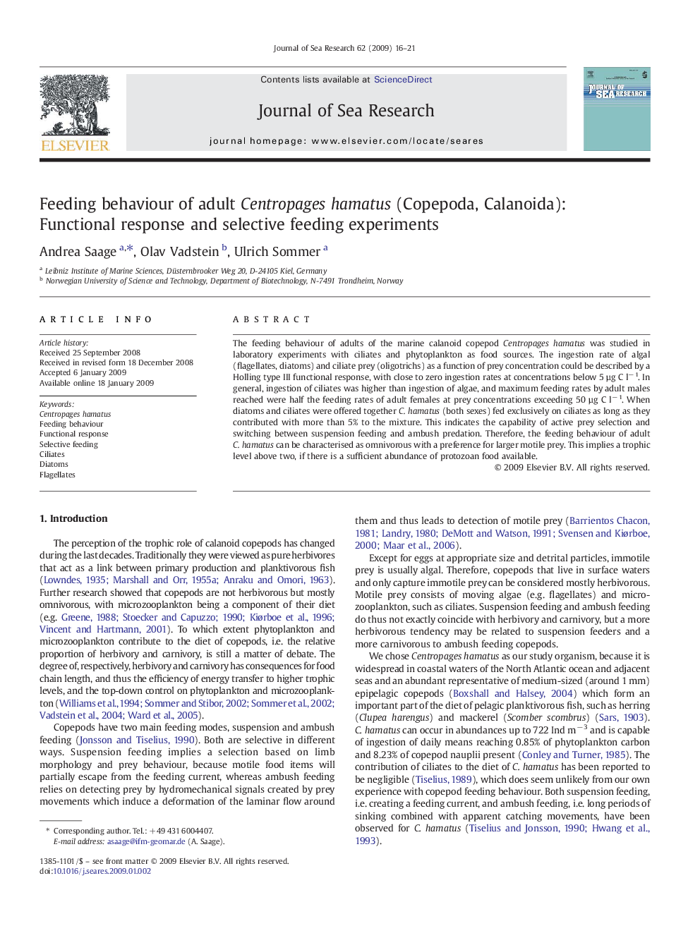 Feeding behaviour of adult Centropages hamatus (Copepoda, Calanoida): Functional response and selective feeding experiments