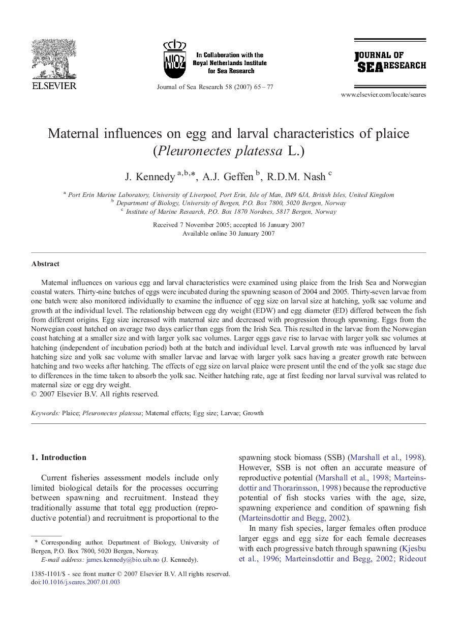 Maternal influences on egg and larval characteristics of plaice (Pleuronectes platessa L.)