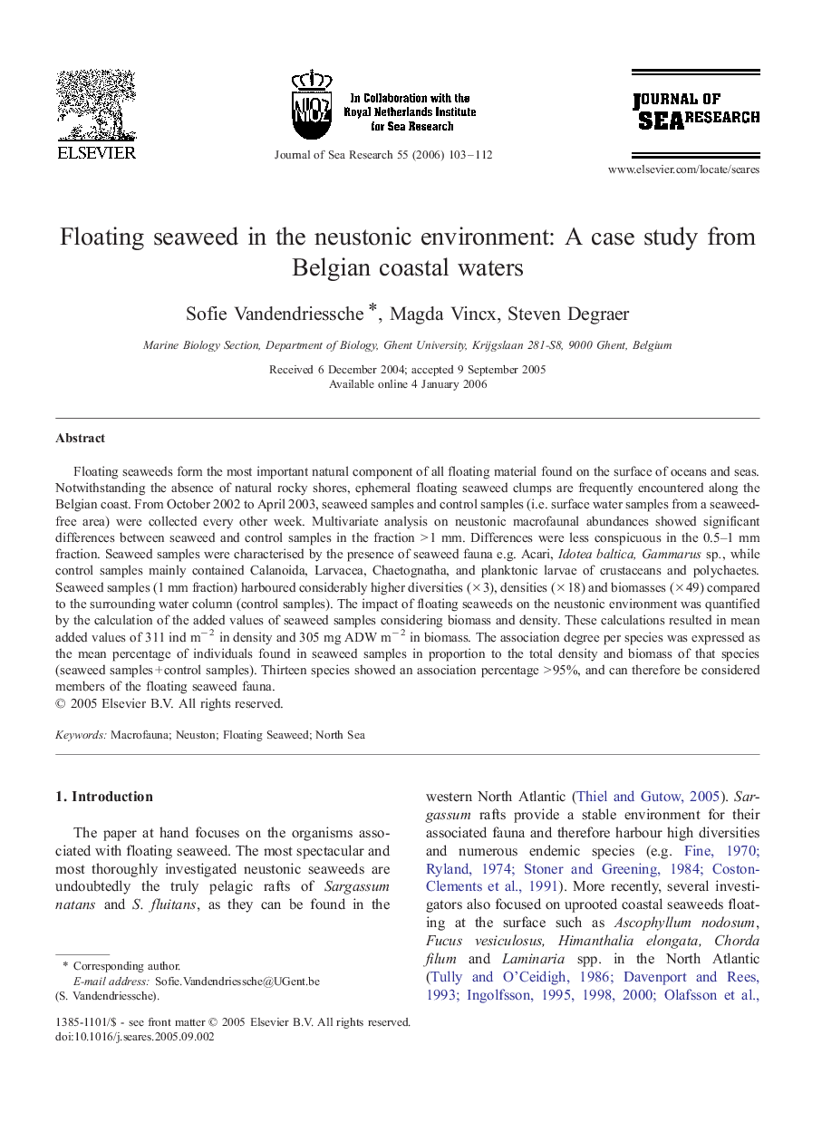 Floating seaweed in the neustonic environment: A case study from Belgian coastal waters