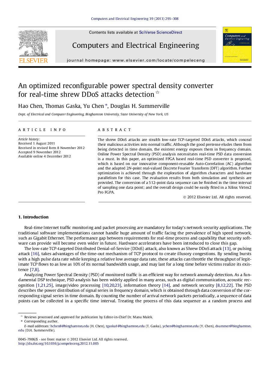 An optimized reconfigurable power spectral density converter for real-time shrew DDoS attacks detection 