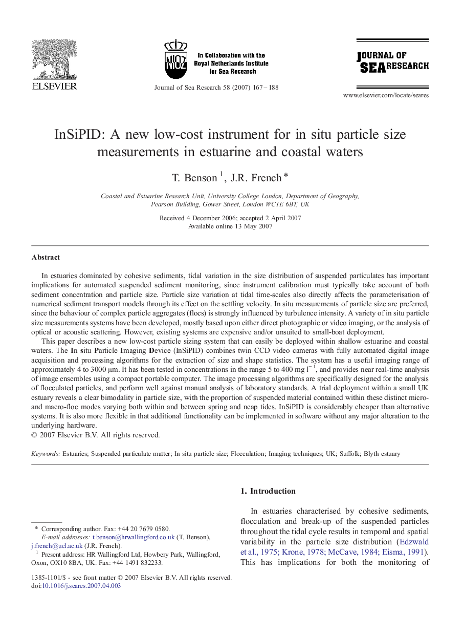 InSiPID: A new low-cost instrument for in situ particle size measurements in estuarine and coastal waters