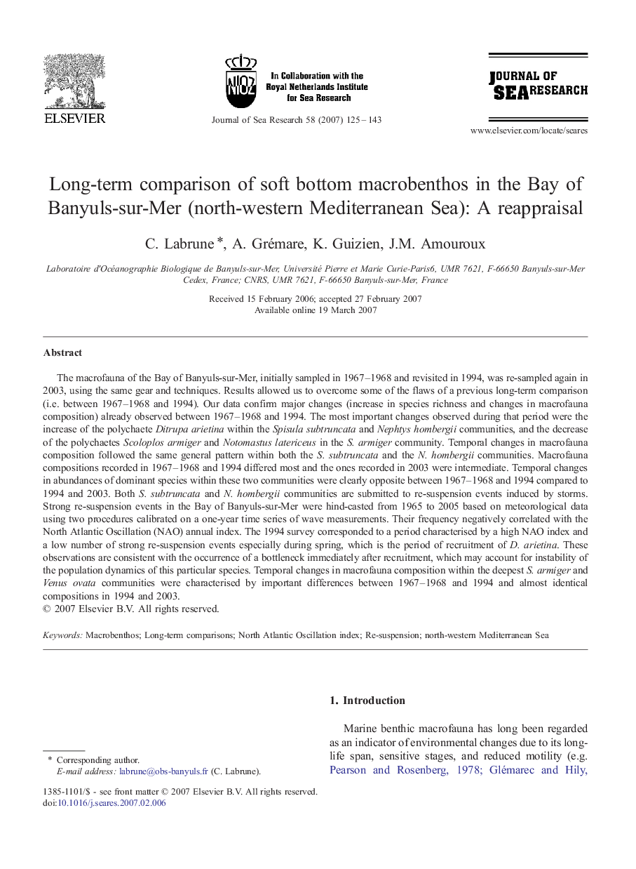 Long-term comparison of soft bottom macrobenthos in the Bay of Banyuls-sur-Mer (north-western Mediterranean Sea): A reappraisal