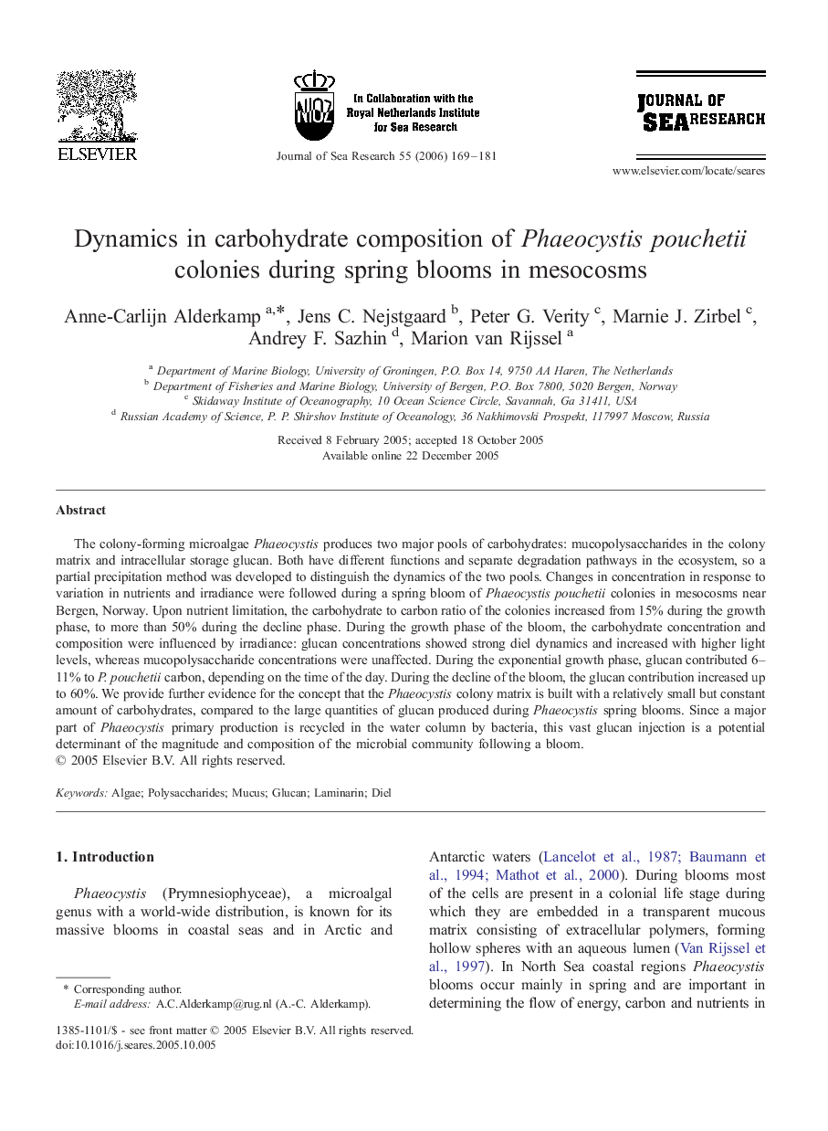 عکس صفحه اول مقاله: Dynamics in carbohydrate composition of Phaeocystis pouchetii colonies during spring blooms in mesocosms Dynamics in carbohydrate composition of Phaeocystis pouchetii colonies during spring blooms in mesocosms