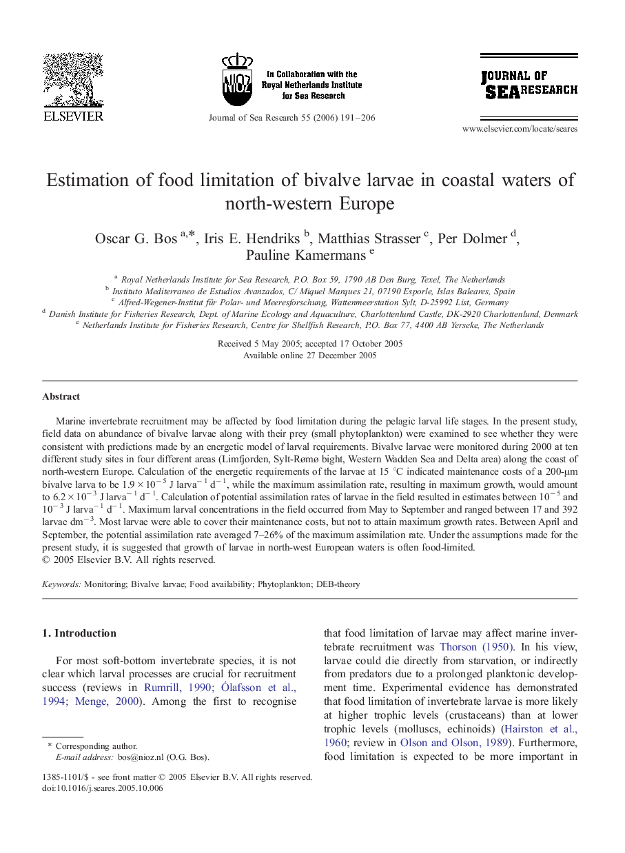Estimation of food limitation of bivalve larvae in coastal waters of north-western Europe