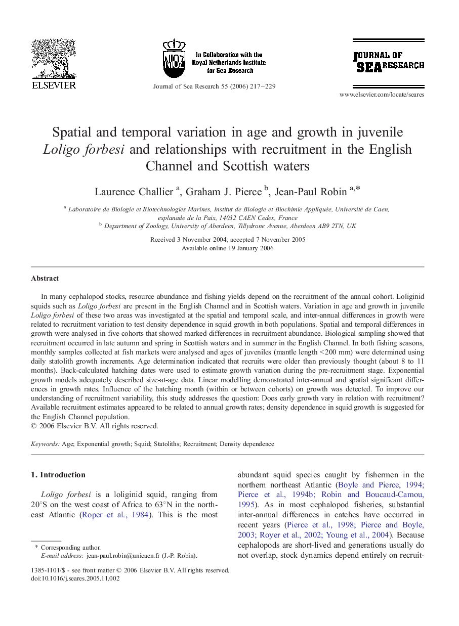 Spatial and temporal variation in age and growth in juvenile Loligo forbesi and relationships with recruitment in the English Channel and Scottish waters