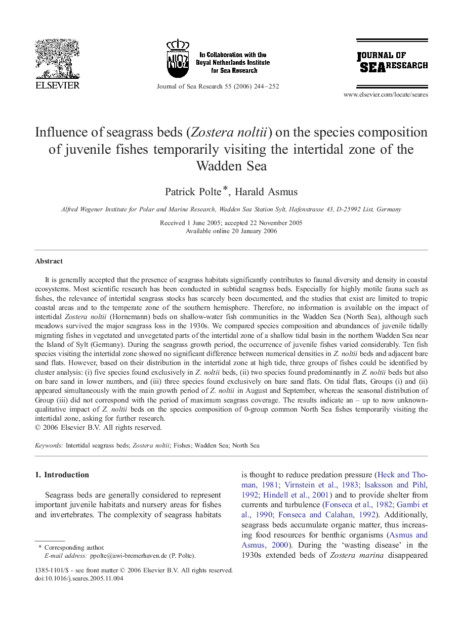 Influence of seagrass beds (Zostera noltii) on the species composition of juvenile fishes temporarily visiting the intertidal zone of the Wadden Sea