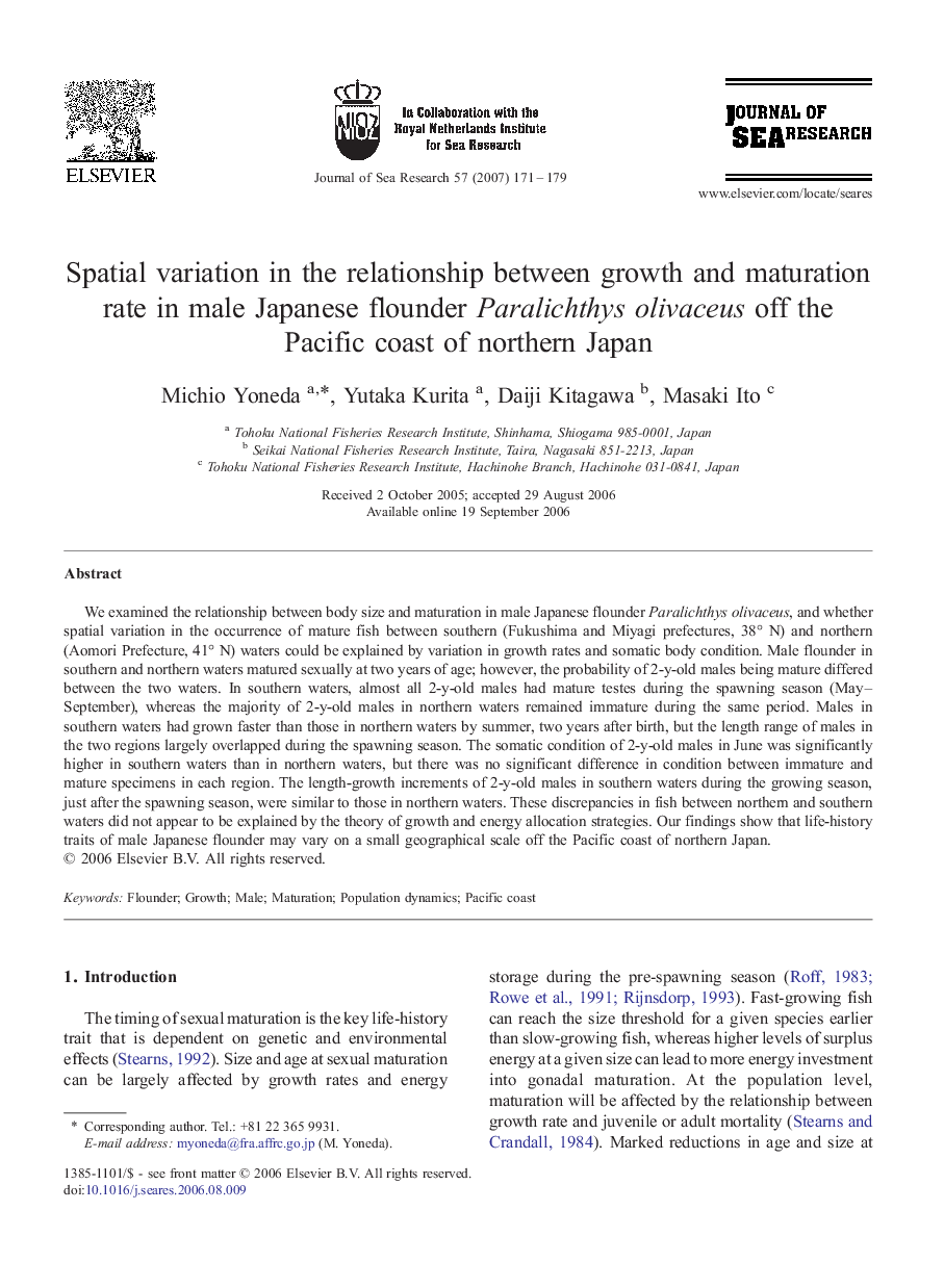 Spatial variation in the relationship between growth and maturation rate in male Japanese flounder Paralichthys olivaceus off the Pacific coast of northern Japan