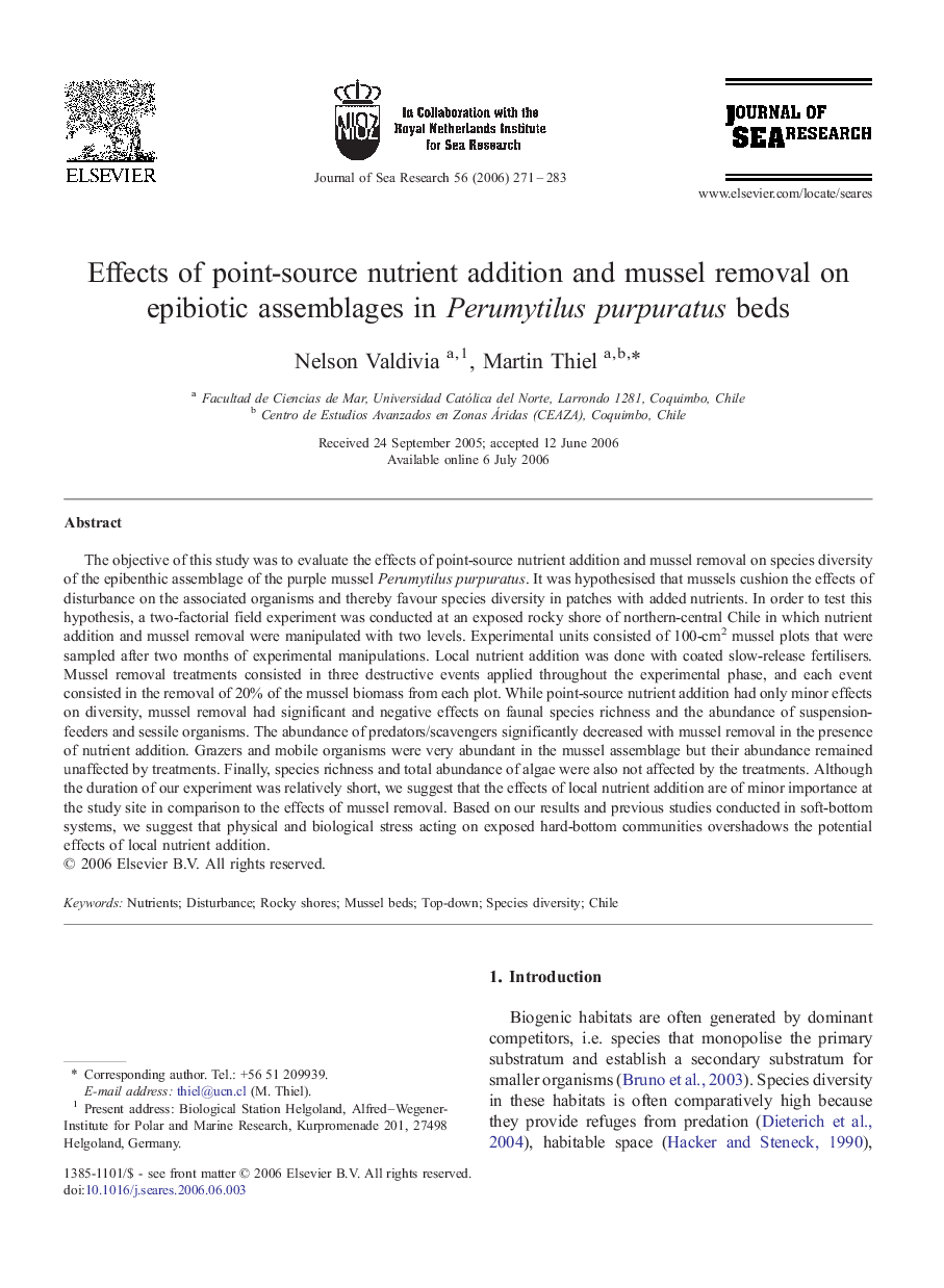 Effects of point-source nutrient addition and mussel removal on epibiotic assemblages in Perumytilus purpuratus beds