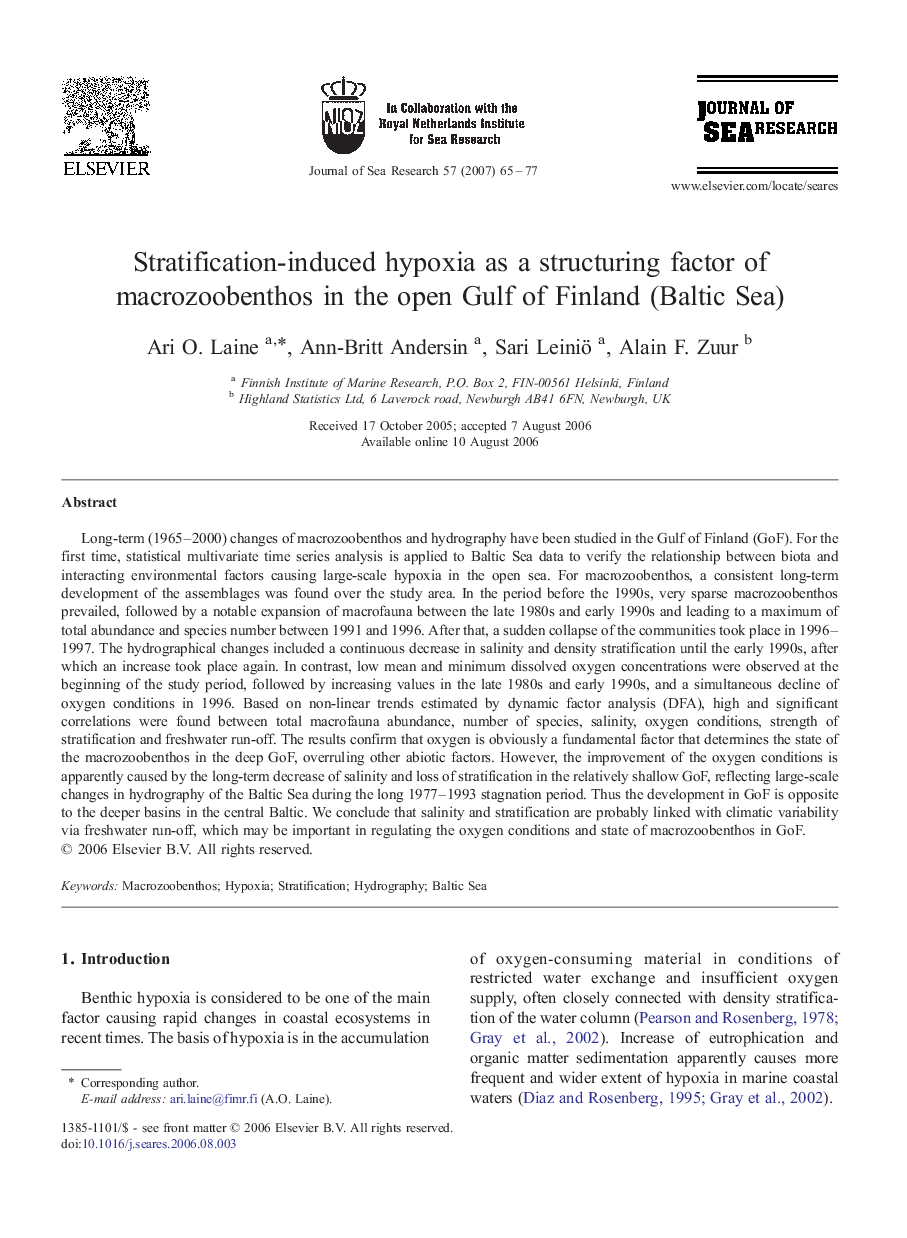 Stratification-induced hypoxia as a structuring factor of macrozoobenthos in the open Gulf of Finland (Baltic Sea)