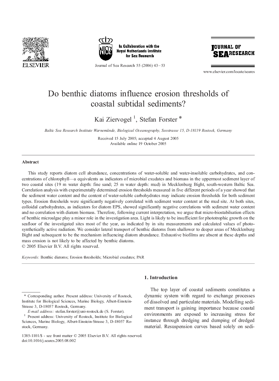 Do benthic diatoms influence erosion thresholds of coastal subtidal sediments?