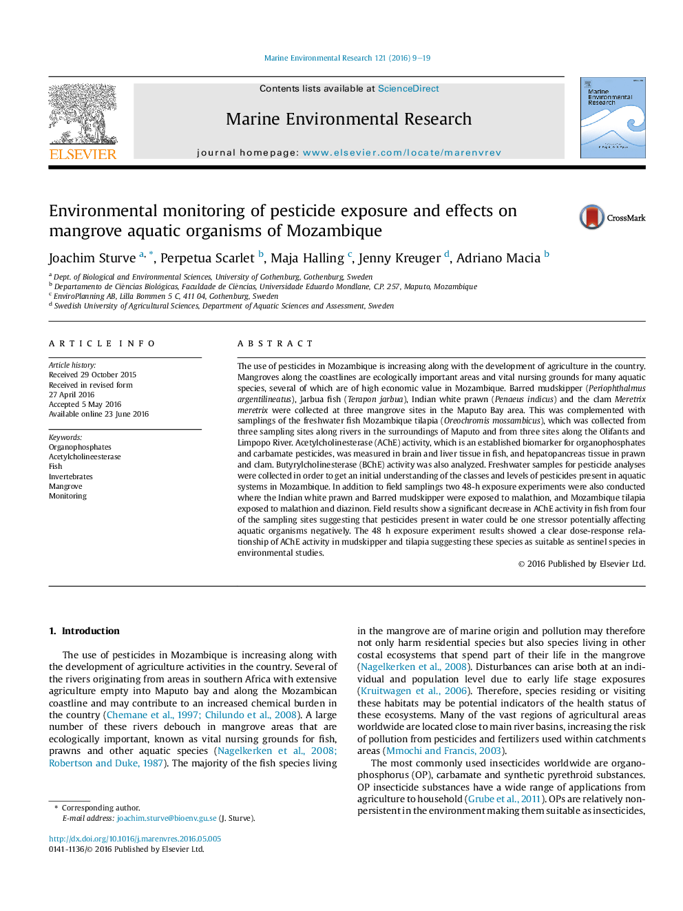 Environmental monitoring of pesticide exposure and effects on mangrove aquatic organisms of Mozambique