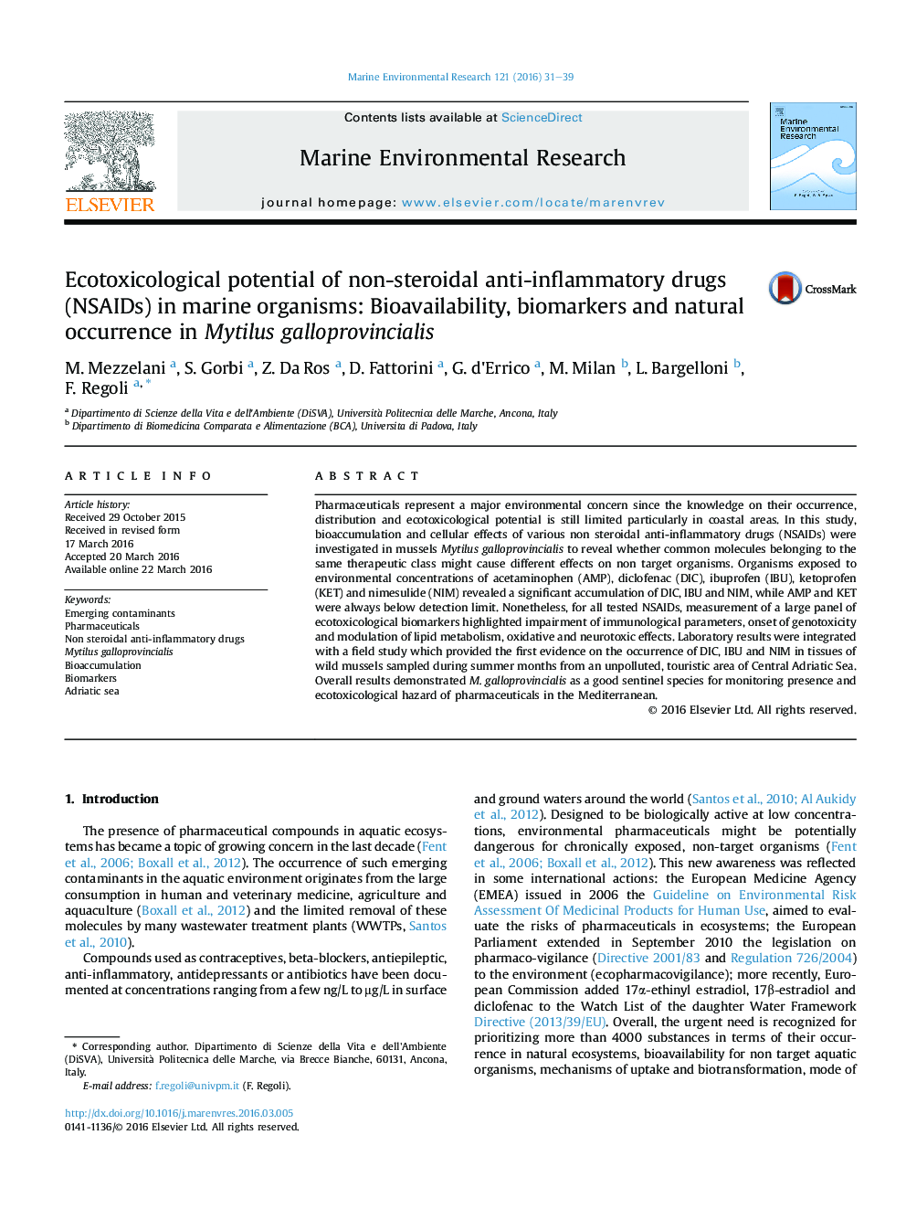 پتانسیل Ecotoxicological داروهای غیراستروئیدی ضدالتهابی(NSAIDs) در موجودات دریایی: فراهمی زیستی، نشانگرهای زیستی و وقوع طبیعی در صدف‌های سیاه galloprovincialis