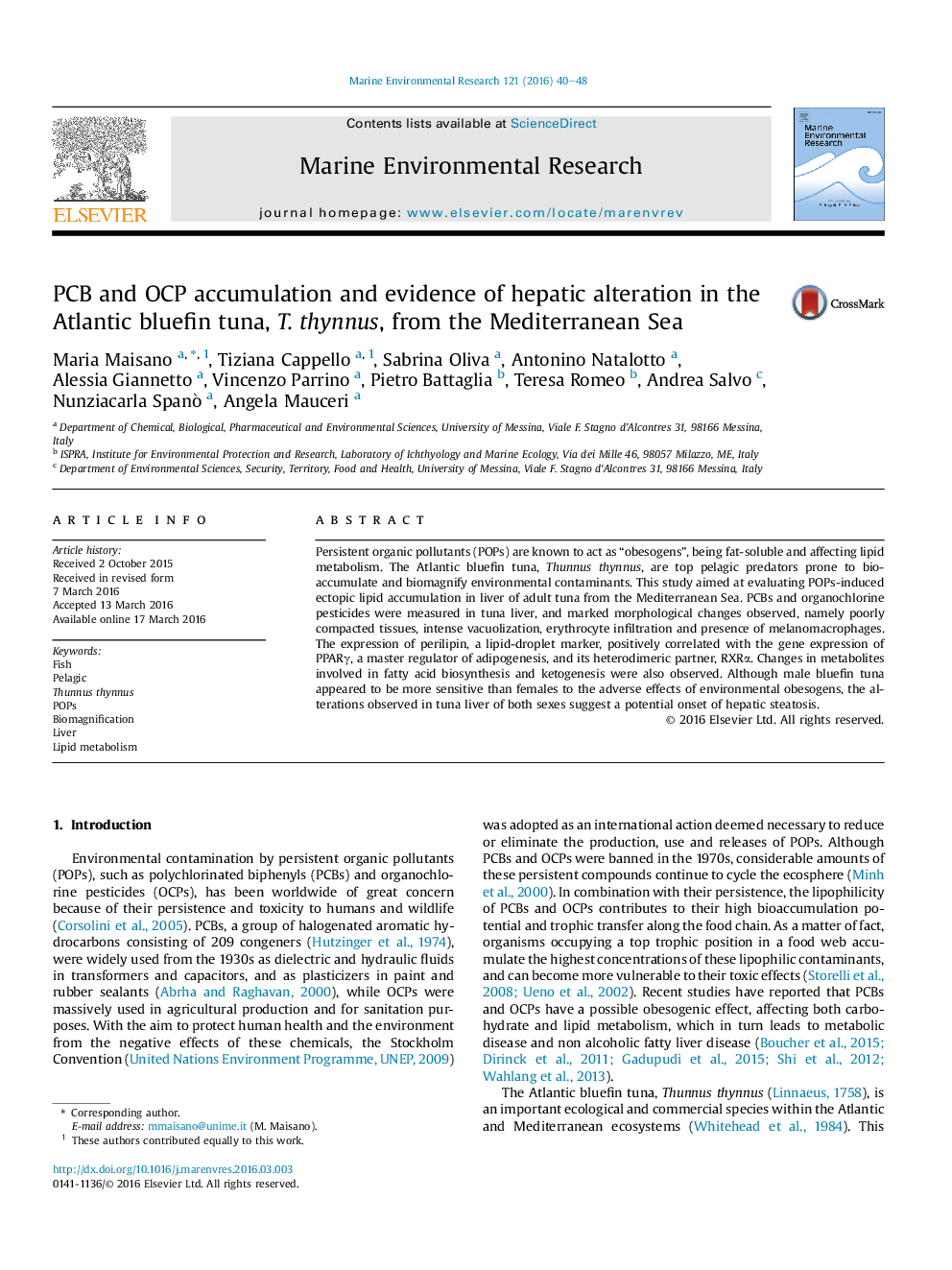 انباشت PCB و OCP و شواهد از تغییر کبدی در تن ماهی باله آبی اقیانوس اطلس، T. thynnus، از دریای مدیترانه