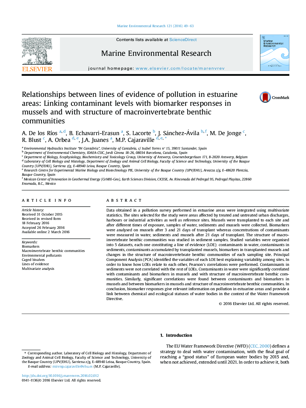 Relationships between lines of evidence of pollution in estuarine areas: Linking contaminant levels with biomarker responses in mussels and with structure of macroinvertebrate benthic communities