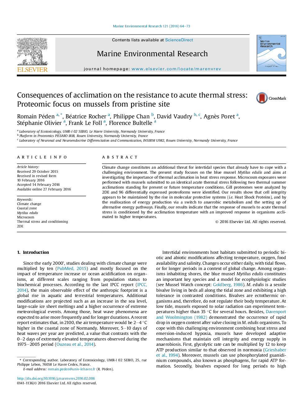 Consequences of acclimation on the resistance to acute thermal stress: Proteomic focus on mussels from pristine site