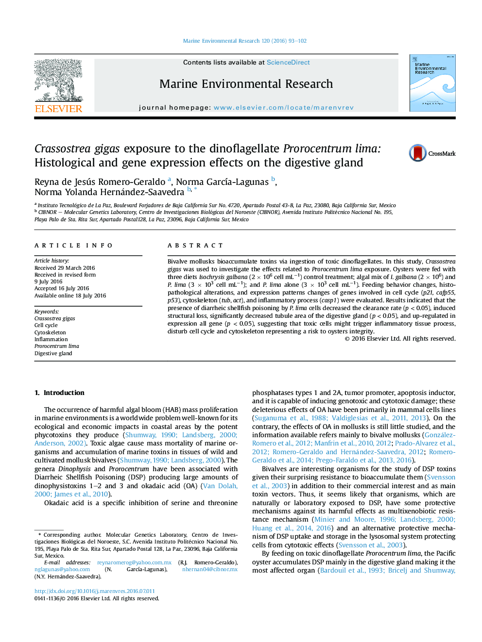 Crassostrea gigas exposure to the dinoflagellate Prorocentrum lima: Histological and gene expression effects on the digestive gland