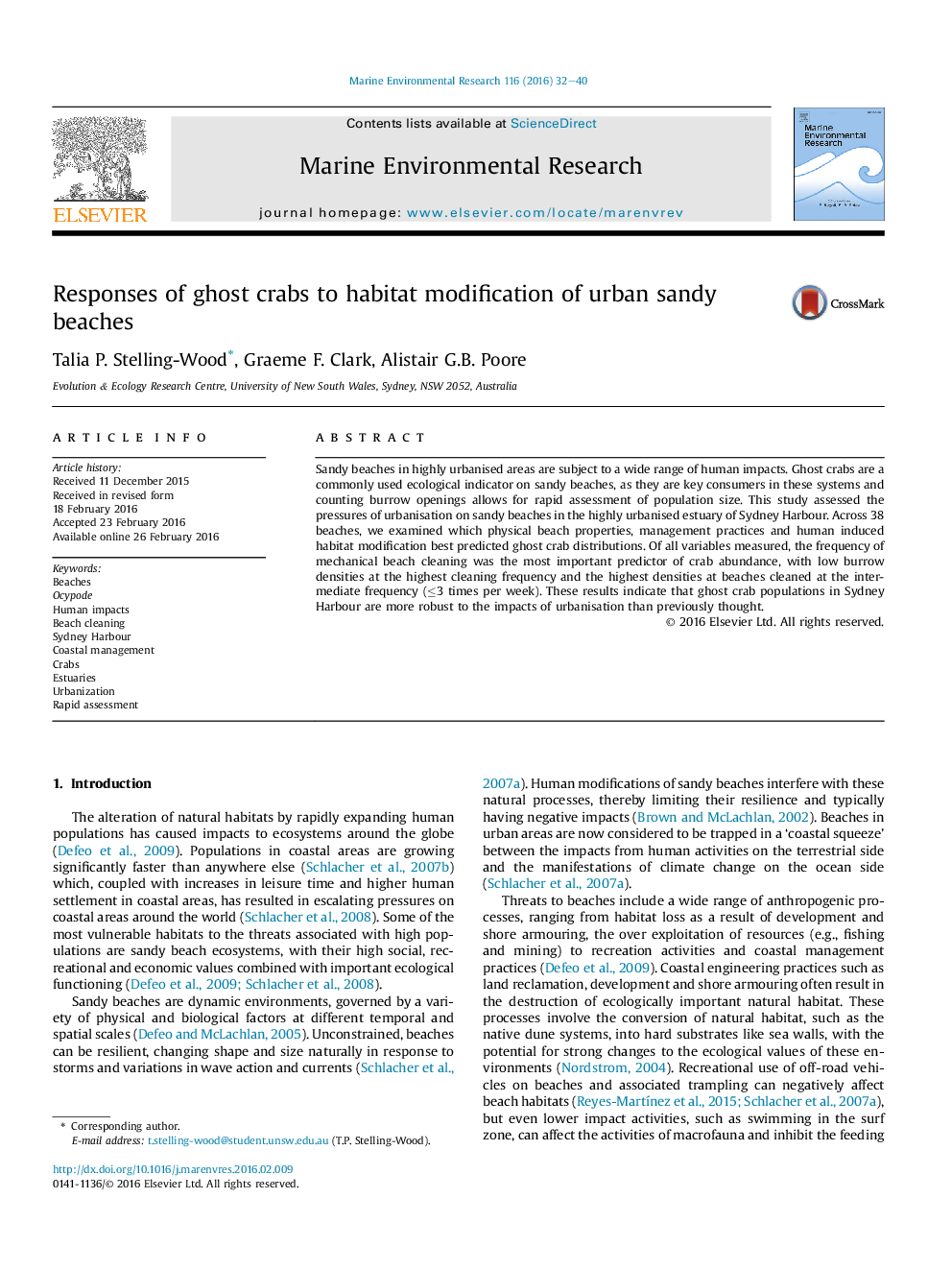 Responses of ghost crabs to habitat modification of urban sandy beaches