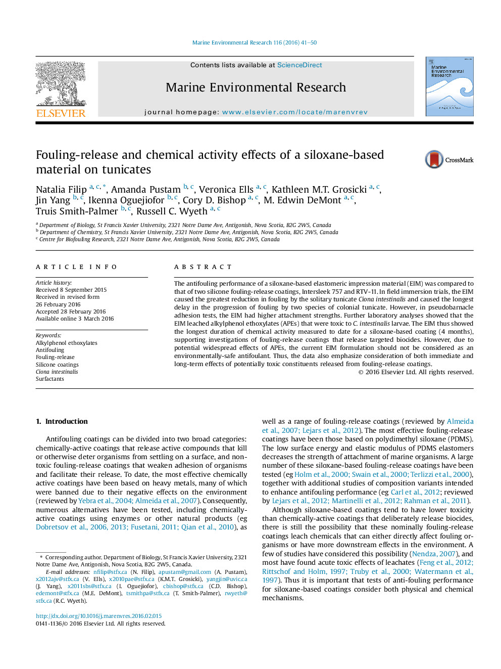 Fouling-release and chemical activity effects of a siloxane-based material on tunicates