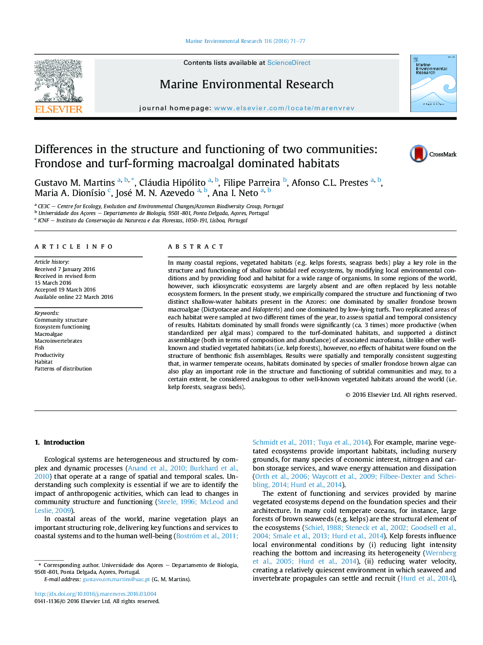 Differences in the structure and functioning of two communities: Frondose and turf-forming macroalgal dominated habitats